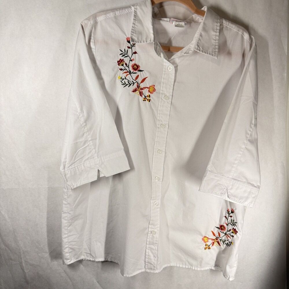 American Sweetheart Blouse Bgt Womens L White 3/4 Sleeve Embroider Cottagecore